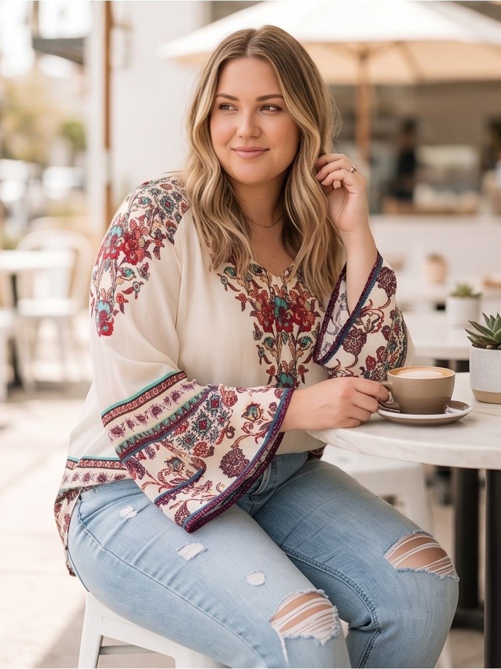 fig and flower Cream Boho Floral Bell-Sleeve Tunic